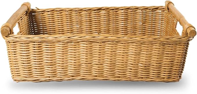 The Basket Lady Low Pole Handle Wicker Storage Basket, Large, 19.5 in L x 12.5 in W x 6 in H, Sandstone