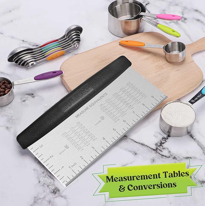 HULISEN Large Bench Scraper for Baking, 10 inch Dough Pastry Scraper with Measuring Scale, Stainless Steel Cake Scraper, Pizza Cutter, Food Chopper, Bread Separator Knife