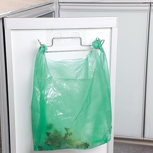 2 Pcs Stainless Steel Trash Bag Holder for Kitchen Cabinets Doors and Cupboards, Under Sink Bag Hanger, Portable Trash can, Waste Bins, Wall Adhesive Hanging Garbage Bins, With Wall Sticker Base