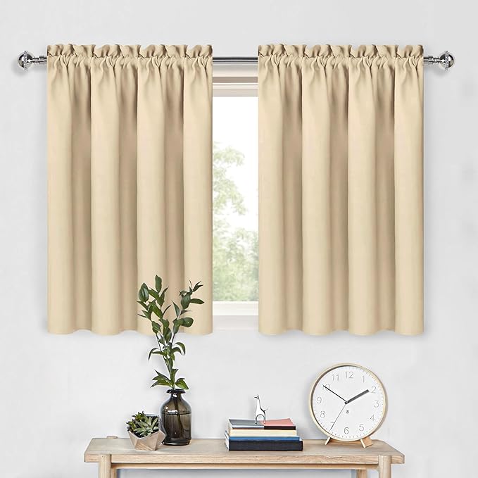 DWCN Blackout Curtains for Living Room Thermal Insulated, Energy Saving & Noise Reducing Bedroom Curtains, Beige, W 52x L 36 Inch, Set of 2 Rod Pocket Curtain Panels