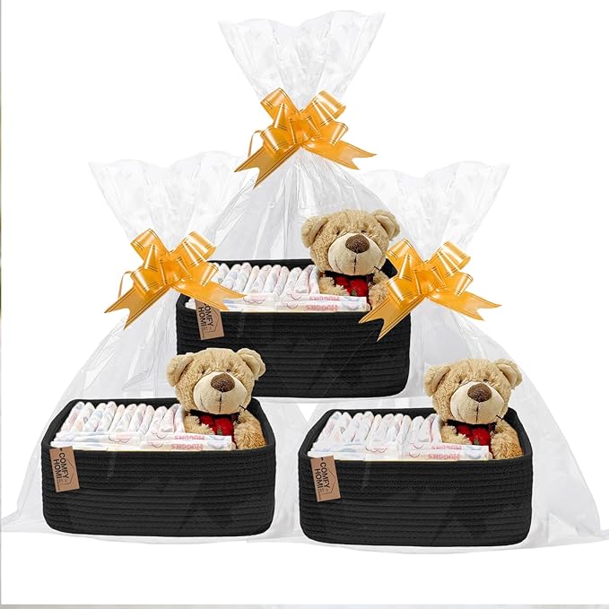 COMFY-HOMI 11.5"x7.5"x4.7" Storage Baskets for Organizing | Cotton Rope Woven Basket | Toy Storage Bin Box | Basket for Shelves, Closet Organizer Bin, Decorative Closet Shelf, 3 Pack, All Black