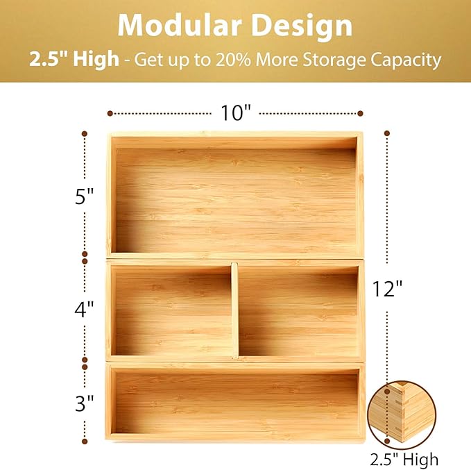Umilife Drawer Organizer Storage Boxes, 2.5" High Bamboo Drawer Dividers, 3 Rearrangeable Bins for Kitchen, Office Desktop, Clothing, Makeup, vanity, Jewelry