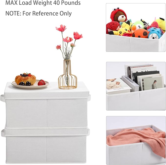 HOONEX Storage Bins with Lids for Organizing, Pack of 2, Storage Boxes with 2 Carrying Handles and Sturdy Heavy Cardboard, 16.5" L x 11.8" W x 7.5" H for Shoes, Books, Clothes, Nursery, White