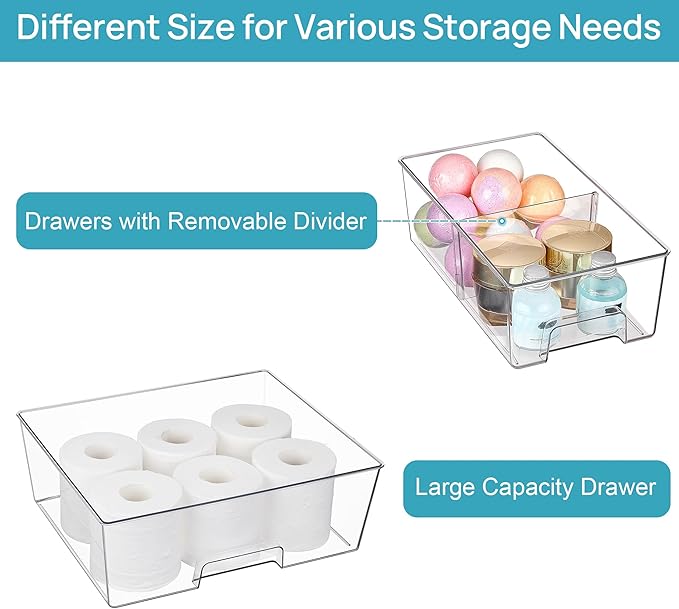 Vtopmart 3 Pack Stackable Storage Drawers, Easily Assemble Acrylic Bathroom Undersink Organizers,Clear Plastic Storage Bins for Closet,Cabinet,Pantry,Medicine Organization