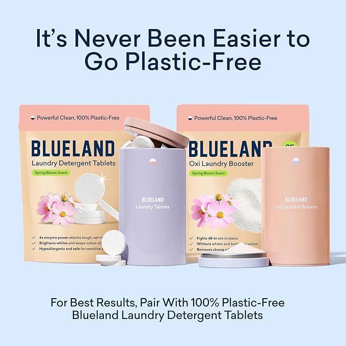 BLUELAND Oxi Laundry Booster Powder with Tin, Starter Set, Spring Bloom Scent, 25 Loads, 17.6 oz, Plastic-Free, Eco Friendly, Oxy Cleaner, Stain Remover