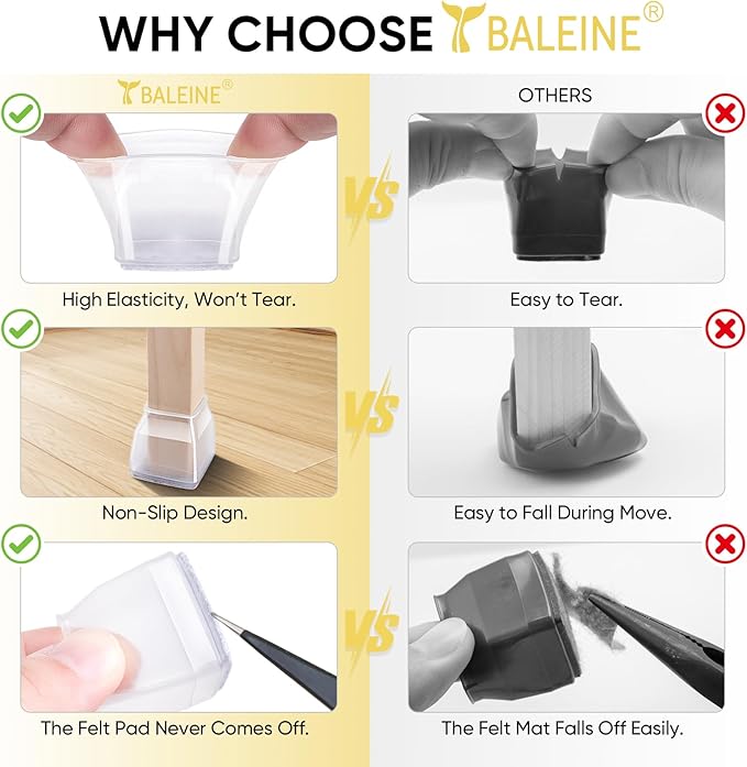 BALEINE 32 Pack Silicone Chair Leg Floor Protectors, Stool Leg Protectors Cap, Non-Slip Chair Leg Caps for Hardwood Floors (Clear & Small (Square), 32 Pack)