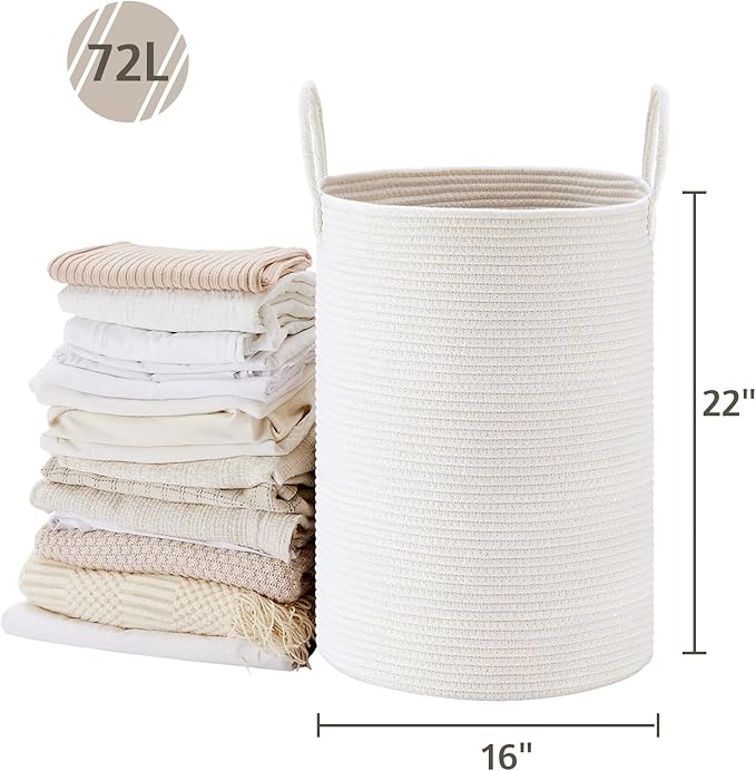 VIPOSCO Large Laundry Hamper, Tall Woven Rope Storage Basket for Blanket, Toys, Dirty Clothes in Living Room, Bathroom, Bedroom - 72L White