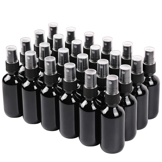 Black Glass Small Spray Bottle 2 oz 24 Packs,Fine Mist Sprayer Small Clear Bottles,Refillable Containers mini spray bottles for Cleaning Solutions and Skin Care (Black 24pcs)
