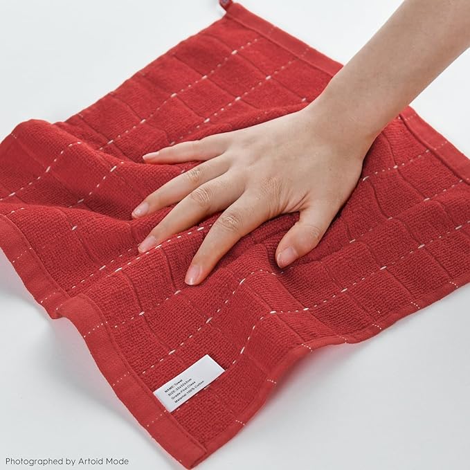 Artoid Mode Checkered Designed Cotton Red Terry Kitchen Dish Cloths, 12x12 Inch Soft Absorbent Quick Drying Cleaning Kitchen Rags Set of 6