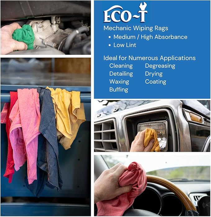 24 x 1 Lb Bags (24 Lbs) Eco-T Mechanic Shop Rags - Colored T-Shirt Material, 100% Recycled, Eco-Friendly, High Absorbency, Low Lint, Low-Cost, Industrial Use Wiping Cloth