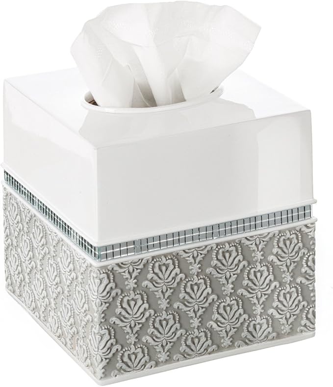 Creative Scents Mirror Damask White and Gray Bathroom Accessories Set - 6 Piece Bathroom Accessory Set Includes: Trash Can, Tissue Box Cover, Soap Dispenser, Soap Dish, Toothbrush Holder & Tumbler