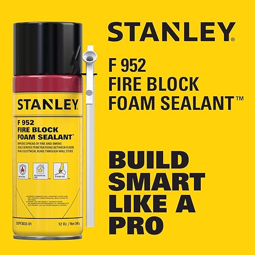 Stanley F952 Fire Block Spray Foam – (1x12oz) Fire Rated Expanding Polyurethane Foam Sealant for Gap Filling & Sealing on Doors, Windows, Walls, Pipes & Joints – Indoor/Outdoor Straw Use | 1 Pack