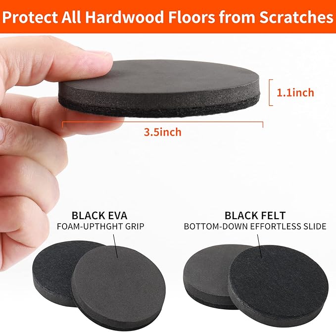Ezprotekt 3.5" Felt Furniture Movers Sliders for Hardwood & Vinyl Floors, 16 Pcs Round Reusable Felt Furniture Moving Pads for Heavy Duty Sofa Bed Couch Cabinet, Move Items and Quickly (Black)