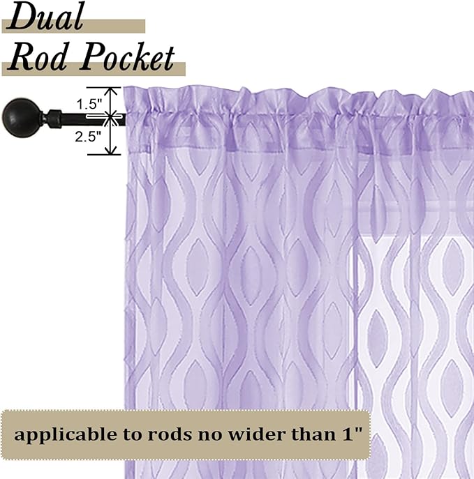 Aiyufeng Light Purple Valances for Windows, Chic Wavy Line Clip Jacquard Voile Sheer Small Window Curtain for Basement, Lightweight Rod Pocket Short Curtains for Windows, 2 PCS, 40Wx14L Inches