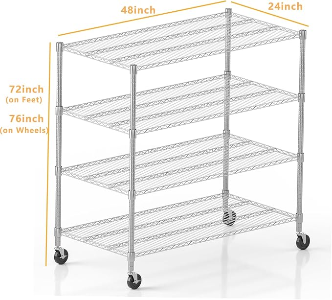 Himimi 4 Tier Wire Shelving with Wheels Heavy Duty Height Adjustable Metal Shelves for Storage, Commercial Grade Steel Utility Wire Rack for Kitchen Garage Pantry Organization-24×48×72, Silver