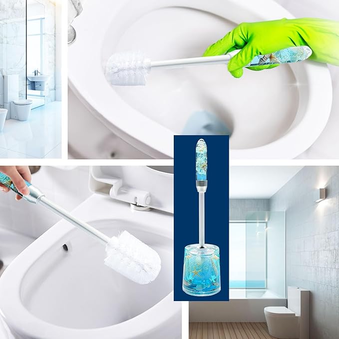 FONMY Toilet Brush and Holder Acrylic with Nature Seashell,Compact Size Toilet Bowl Brush with Plastic Handle Easy to Hide, Drip-Proof,Space Saving for Storage,Easy to Assemble,Deep Cleaning, (Blue)