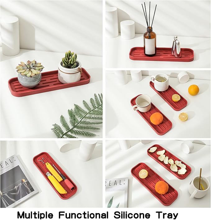 Silicone Kitchen Sink Organizer Tray for Multiple Usage,Eco-Friendly Sponges Holder for Kitchen Bathroom Counter or Sink,Dish Soap Dispenser,Scrubber,Bottle,Cup (Red, 12"×4")