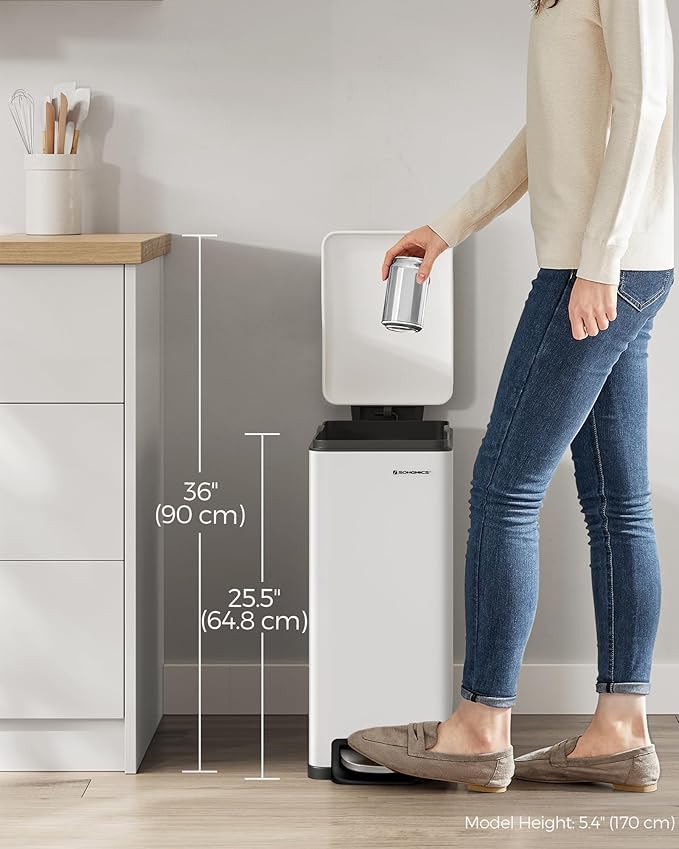 SONGMICS Slim Trash Can, 13-Gallon (50 L) Garbage Can for Narrow Spaces with Soft-Close Lid, Inner Bucket, and Step-on Pedal, Stainless Steel, 15 Trash Bags Included, White ULTB510W48