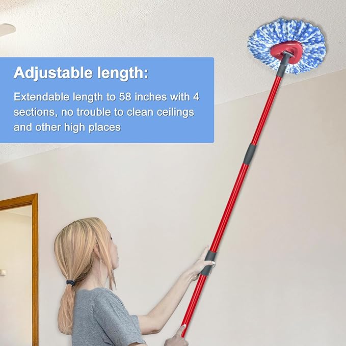Spin Mop Replace Head, Mop Handle and Base Compatible with Ocedar RinseClean 2-Tank System, 3 Mop Replacement Head, 4-Section Sturdy Iron 30-58in Mop Handle and 1 Triangle Mop Head Cover Combo Set