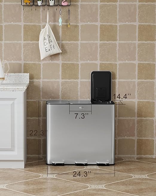 60L/15.9 Gal Gallon Three-Compartment Pedal Stainless Steel Kitchen Recycling Trash Can with Odor Seal, Hands-Free Foot Operated Waste Bin for Home, Office, Restaurant, School, Hospital