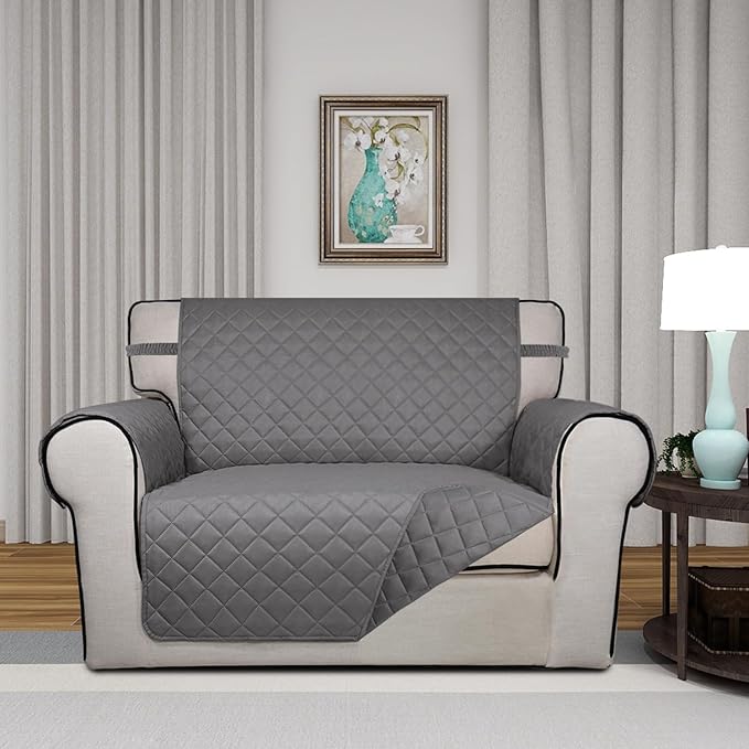 PureFit Reversible Quilted Sofa Cover, Water Resistant Slipcover Furniture Protector, Washable Couch Cover with Non Slip and Elastic Straps for Kids, Dogs, Pets (Oversized Chair, Gray/Gray)