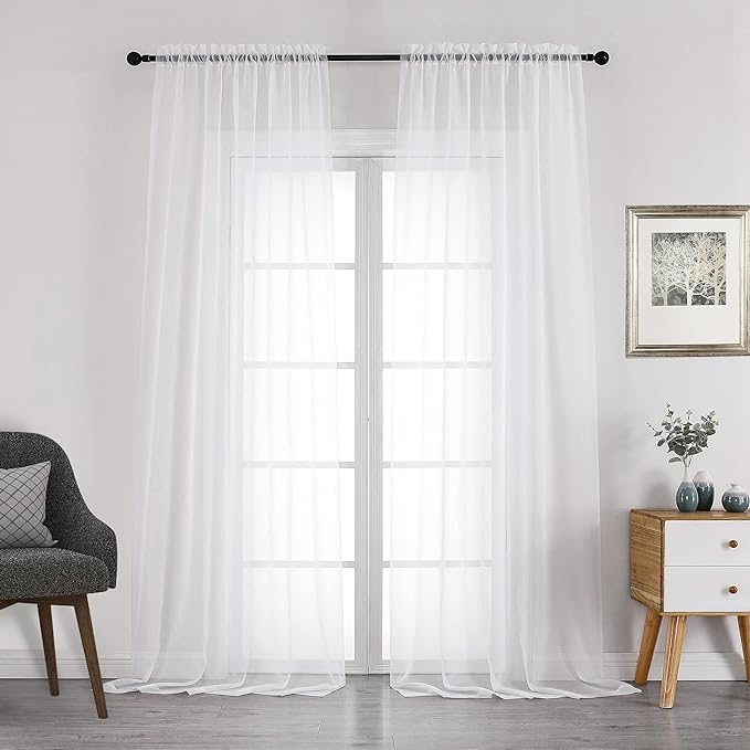 Chyhomenyc White Sheer Curtains 108 Inch Length 2 Panels Set, Extra Long Light Filtering Solid Voile Window Drapes for Living Room Party Ceremony, 42Wx108L, 9FT Length, Set of 2, White