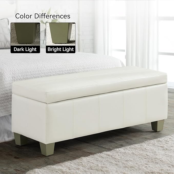51" Faux Leather Storage Ottoman, Stitch Tufted Rectangle Upholstered End of Bed Storage Bench, Entryway Large Couch Ottoman with Wooden Legs,White