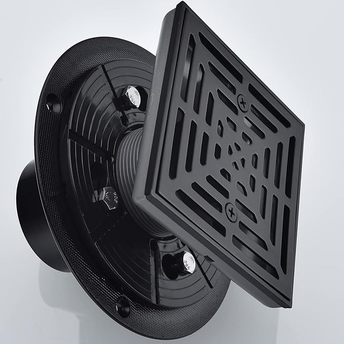 RANDOM 4 Inch Black Shower Drain Square with Adjustable PVC Base Flange,SUS304 Stainless Steel Matte Black Shower Floor Drain with Removable Cover Grid Grate