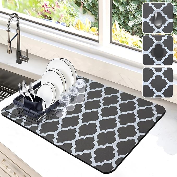 Dish Drying Mat for Kitchen Counter, 12"x19" Dish Drying Pad with Non-slip Rubber Backed, Hide Stain Anti Absorbent for Kitchen Counter, Drying Mat for Coffee Machine Dish Rack (Gray Trellis)