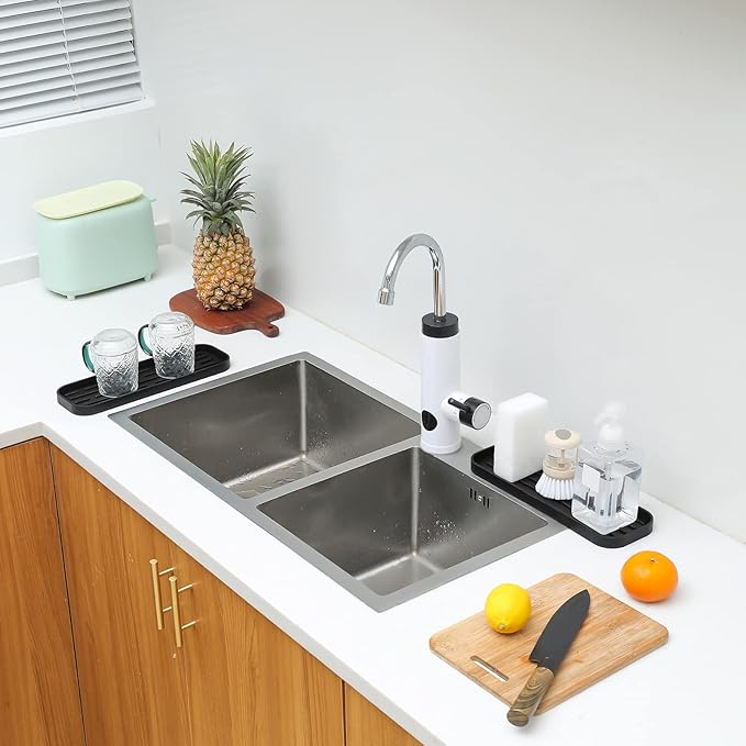 Silicone Kitchen Sink Organizer Tray for Multiple Usage,Eco-Friendly Sponges Holder for Kitchen Bathroom Counter or Sink,Dish Soap Dispenser,Scrubber,Bottle,Cup (Black, 12"×4")