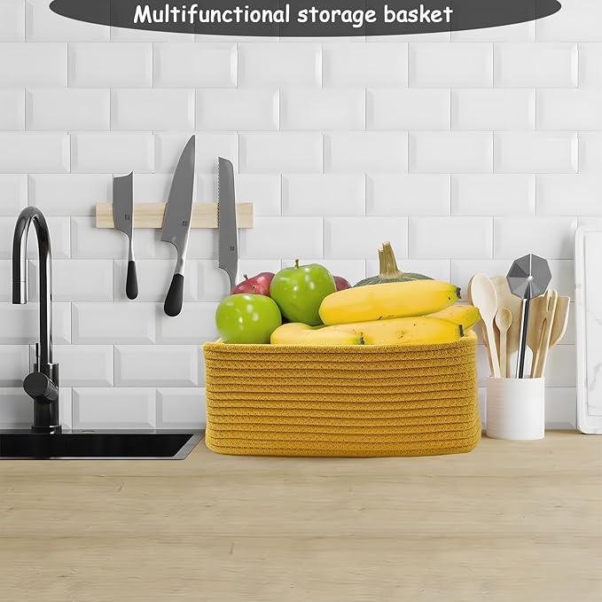 COMFY-HOMI 11.5"x7.5"x4.7" Storage Baskets for Organizing | Cotton Rope Woven Basket | Toy Storage Bin Box | Basket for Shelves, Closet Organizer Bin, Decorative Closet Shelf, 3 Pack, Yellow