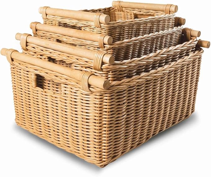 The Basket Lady Pole Handle Wicker Storage Basket, Large, 18 in L x 14.5 in W x 9 in H, Sandstone