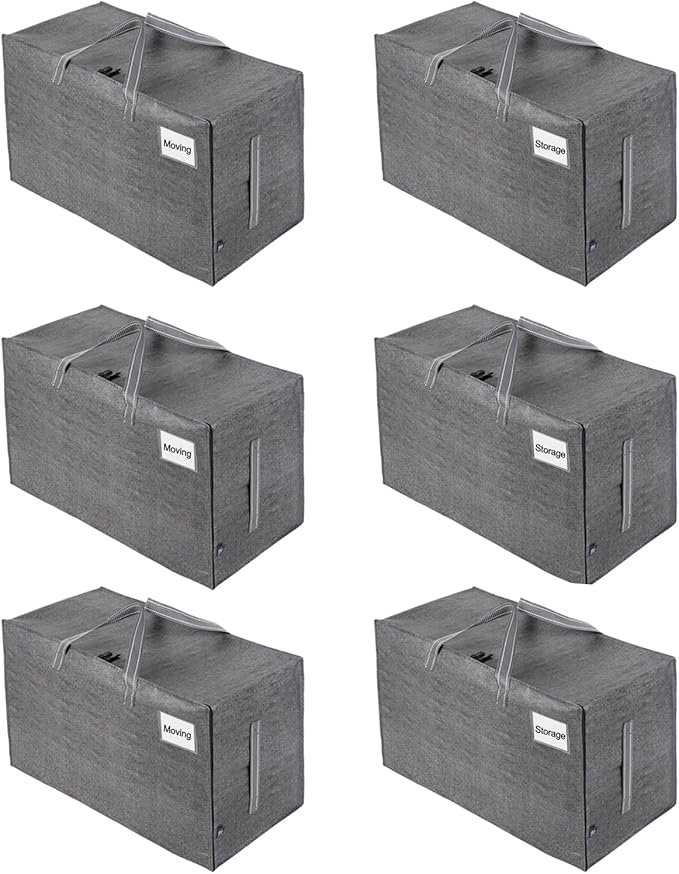 VENO 6 Pack Moving and Storage Bags, Heavy Duty, Alternative to Moving Boxes, Large Packing Totes Supplies for College Dorm Room with Zipper for Clothes, Wide Open Design (Dark Gray, 6 Pack)