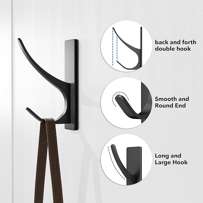 pickpiff Self Adhesive Coat Hooks for Hanging: Heavy Duty Stainless Wall Hook for Towel, Backpack, Hat, Sturdy Metal Hanger, 6-Pack, Matt Black
