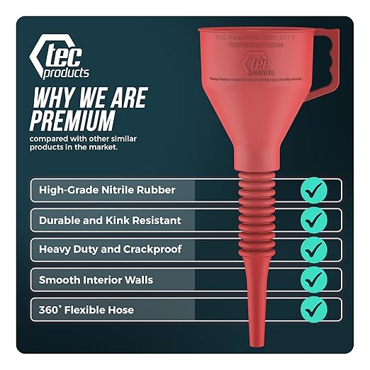 TEC Products FlexAll Long Flexible Funnel for Automotive Use - Durable Nitrile Rubber - Ideal for Car Oil Change, Transmission Funnel Fluid, Diesel, Fuel, Gas - Made in USA - Red (16 x 5 Inches)