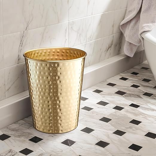Monarch Abode Brushed Gold Hand Hammered Metal Wastebasket for Home Office Bedroom, Decorative Waste Basket, Modern Garbage Can, Durable & Decorative Trash Bin, Brushed Gold Bathroom Trash Can