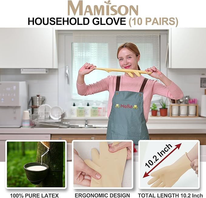 MAMISON 10 Pack Simple and Short Hands Gloves, Reusable Non-Slip Rubber Gloves Large Size
