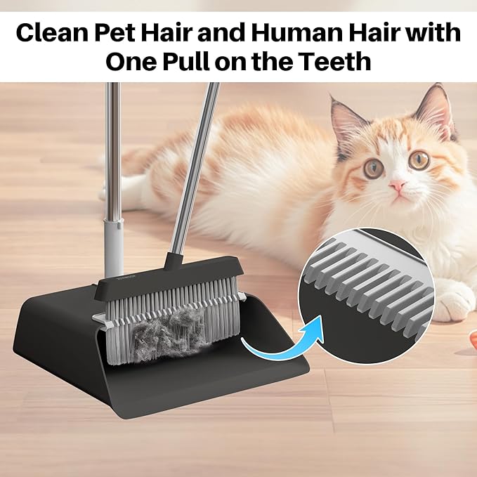 JOYMOOP Black Broom and Dustpan Set, Upright Angle Design with Built-in Comb Teeth for Home, Office, Hardwood Floors, Pet Hair