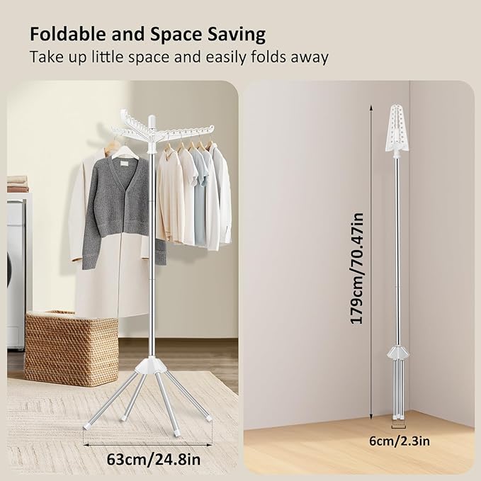 SUYU Clothes Drying Rack, Foldable Drying Rack Clothing, Laundry Drying Rack, 59-Inch Indoor Clothes Airer with 3 Rotatable Arms, Stainless Steel,4 Legs,White and Silver SNJ101