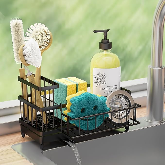 Consuemst Sponge Holder for Kitchen Sink - Auto Draining Sink Caddy Organizer with Detachable Rack, High Brush Holder, Kitchen Countertop Storage Accessories, Black