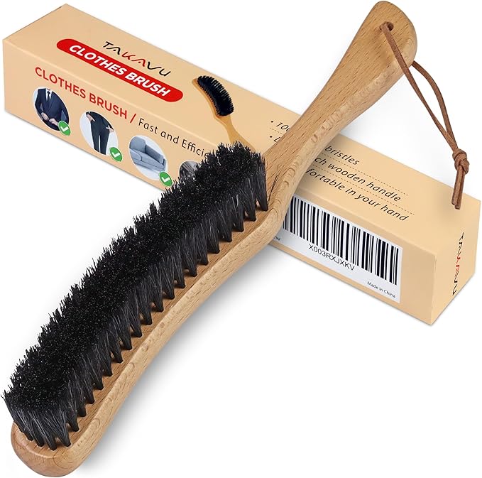 TAKAVU Clothes Brush Hat Brush, Black Boar Bristle Lint Brush with Large Beech Wood Handle - Perfect for Pet Hair, Suits, Velvet, Cashmere, Wool, Suede, Shoe - Effective Lint Remover