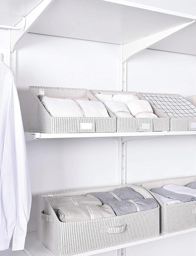 StorageWorks Closet Storage Bins, Trapezoid Organizer Box for Shelves, Fabric Clothes Bin, Foldable Organizing Baskets with Handles, Large, Khaki and Beige Stripes, 3-Pack