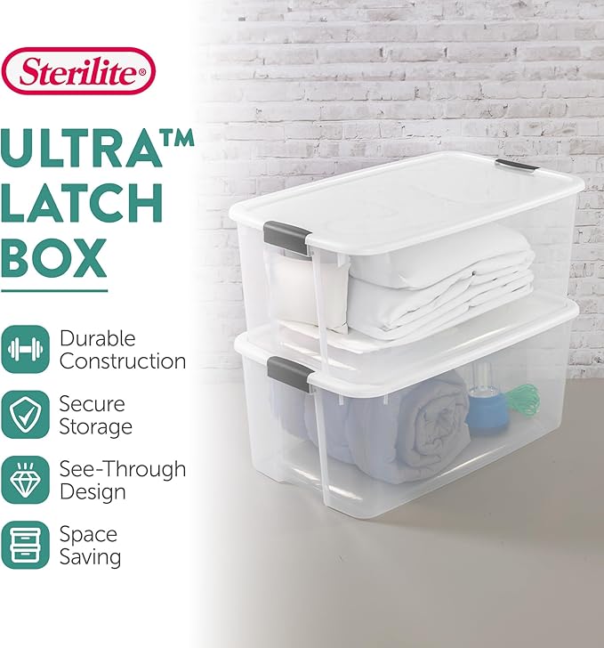Sterilite 4-Pack Ultra Latching Box, Storage Bins with Lids, Clear Plastic, 116 Quart - Heavy-Duty Organizing Containers for Closet, Bathroom, and Office