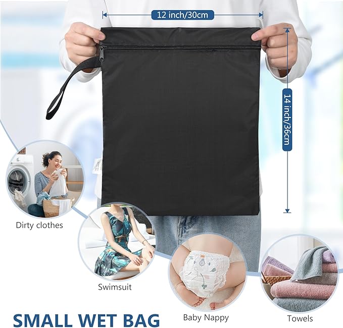 OTraki 2PCS Small Wet Bag for Swimsuit 12x14 Inch Wet Clothes Bag with Handle & Zippered Reusable Wet Dry Bag Waterproof Storage Bag for Beach Pool Yoga Gym, Black