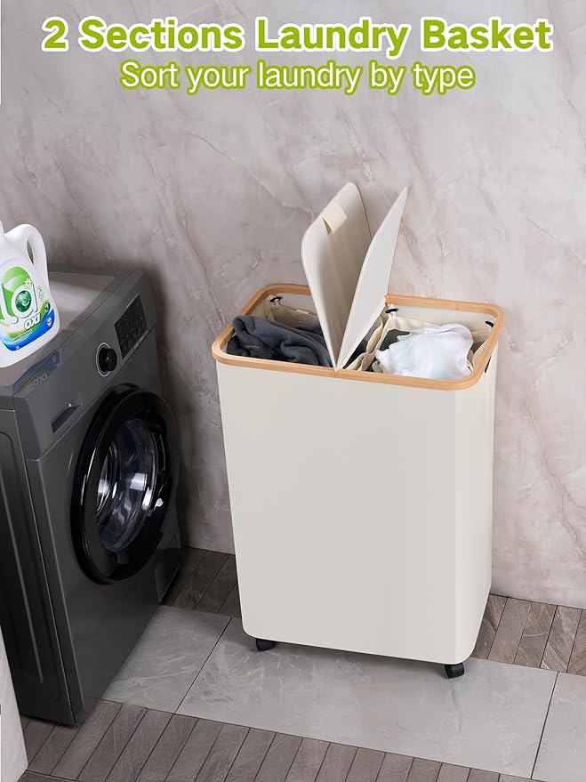 efluky Double Laundry Hamper with Wheels, Divided Laundry Hamper with Removable Bags, 2 Section Dirty Clothes Basket with Handles for Bathroom, Bedroom & Laundry Room, 160L Beige
