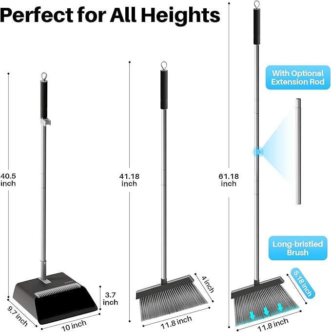 JOYMOOP Black Broom and Dustpan Set, Upright Angle Design with Built-in Comb Teeth for Home, Office, Hardwood Floors, Pet Hair