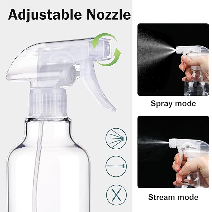 Plastic Spray Bottles Empty Spray Bottle 16.9oz/500ml 2 Pack Heavy Duty Spraying Bottles Mist/Stream Water Bottle for Cleaning Solutions, Essential Oils, Hair (Clear)