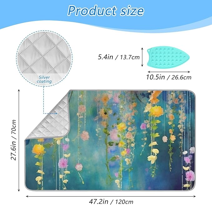 Kigai Watercolor Fowers Ironing Blanket Thick Portable Ironing Pad Travel Ironing Mat with Silicone Pad Heat Resistant Ironing Board Cover for Table Top, Washer, Dryer, 27.6" x 47.2"