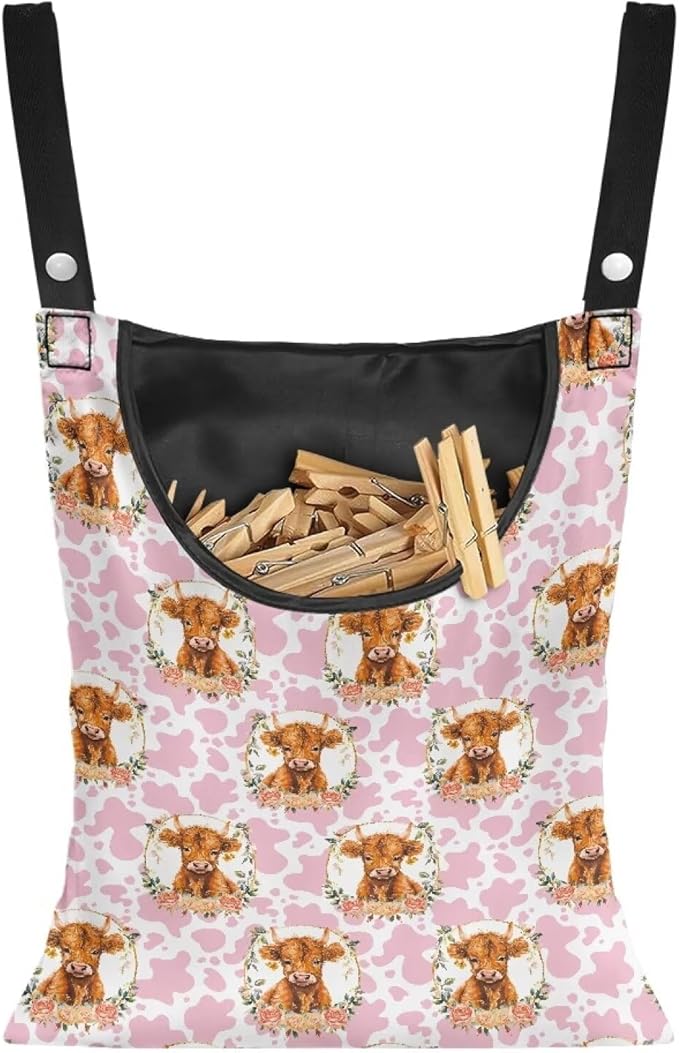 Cattle Clothespin Bags with Hanging Rope Pink Cow Print 14.5 x 12 Inch Summer Waterproof Laundry Clothes Pin Holder Clothespin Storage Organizer with Large Opening