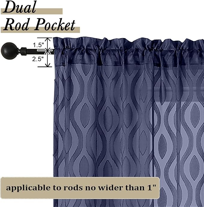 Aiyufeng Blue Valances for Windows, Chic Wavy Line Clip Jacquard Voile Sheer Small Window Curtain for Basement Small Curtains, Lightweight Rod Pocket Short Curtains for Windows, 2 PCS, 40Wx14L Inches
